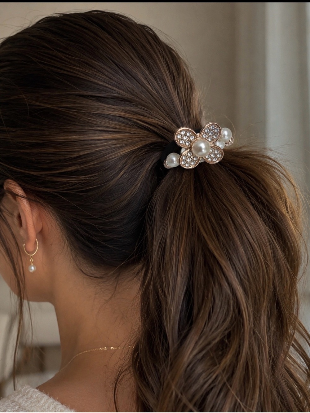 Pearl & Crystal Floral Hair Clip - Elegant Women’s Ponytail Accessory